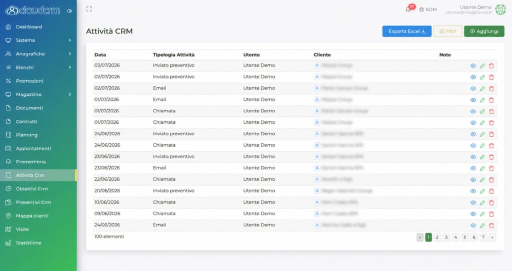 Schermata del CRM CloudNoleggi con attività commerciali e clienti