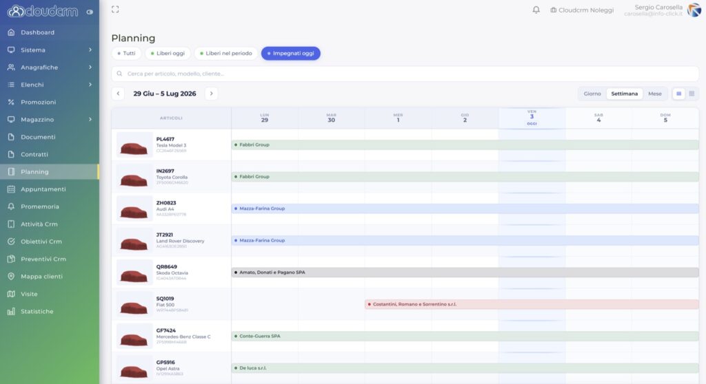 Planning Gantt CloudNoleggi con disponibilità e impegni del parco noleggio